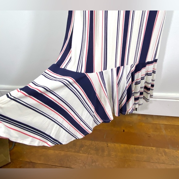 Ella Moss Striped Off Shoulder Midi Dress with Ruffled Bias Cut Hem Stretchy - Picture 5 of 11